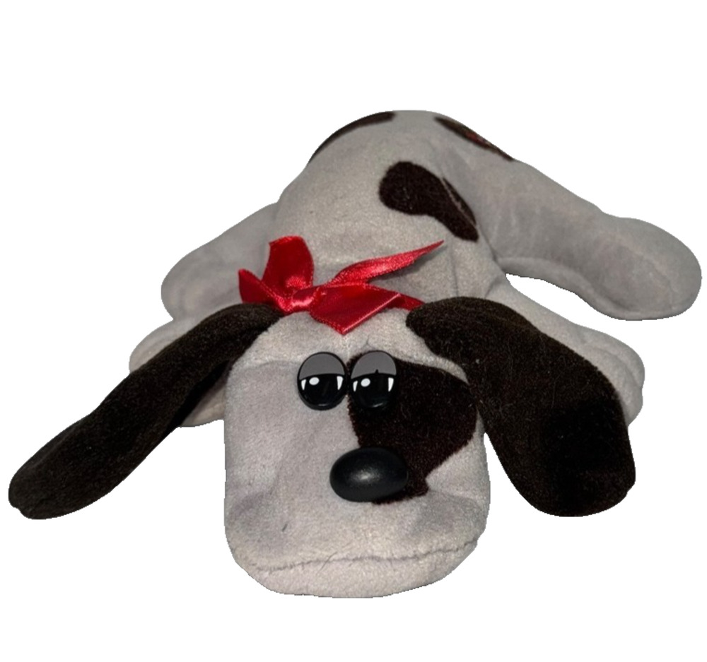 Vintage Tonka Pound Puppies Newborn Gray Female Red Bow Plush Dog #7807 8"